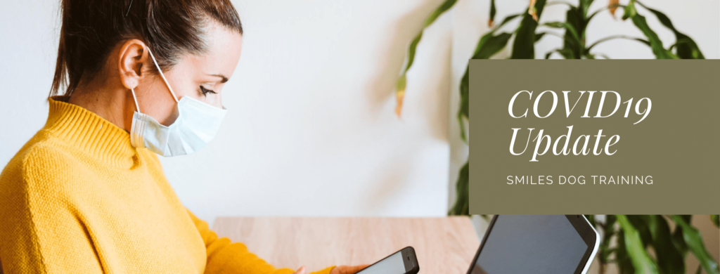 A woman wearing a face mask sitting at a desk with a laptop with the words "Covid19 Update"